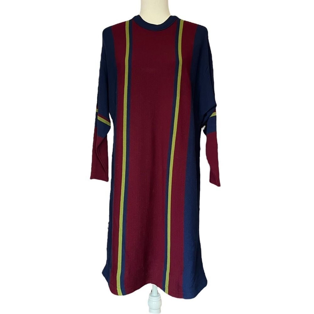 Coolwear Vintage 90s Colorblock Knit Dress Maroon Navy Green Stripe Womens Small